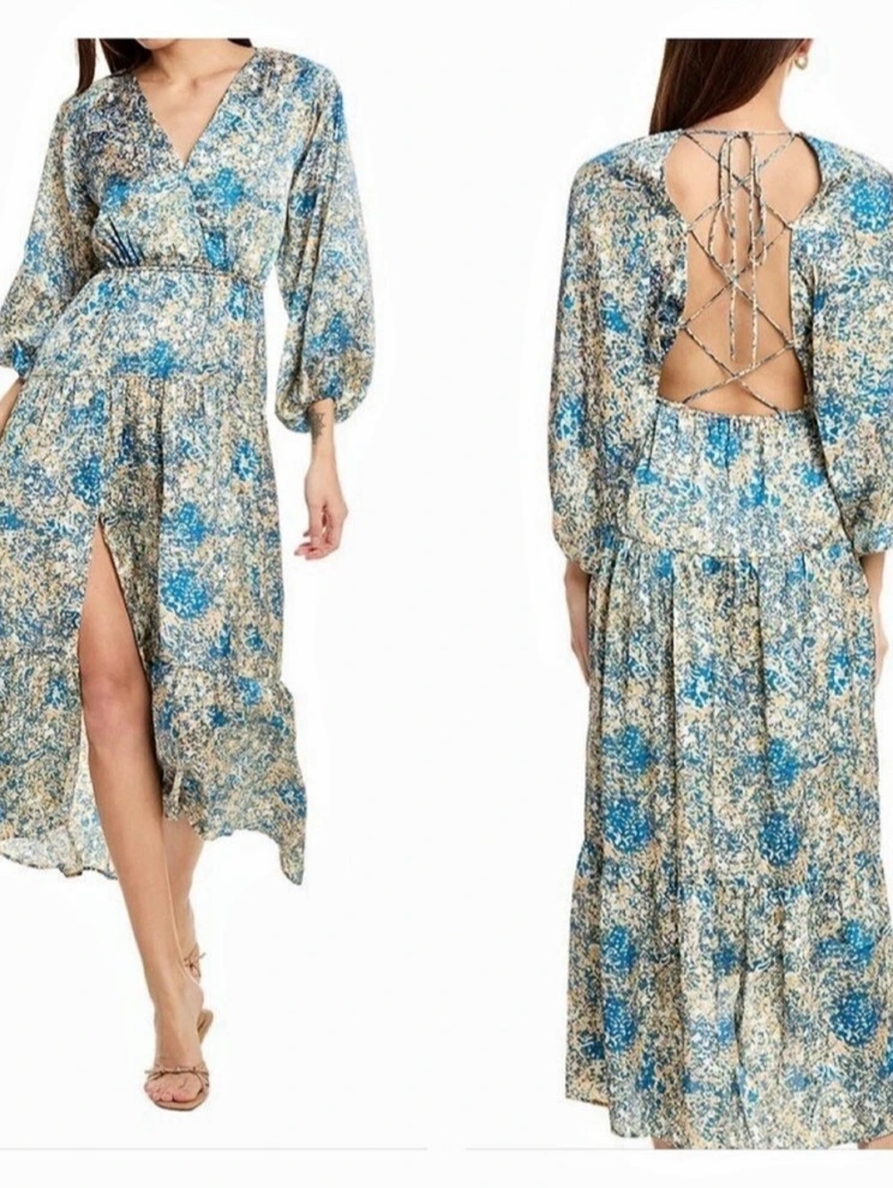 MAJE Tiered Printed Satin Maxi Dress, Lace up Back, Side Split, sz 40 or L